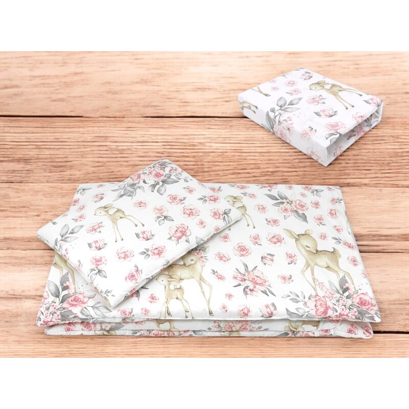 Lenjerie pătuț MimiNu Sweet Deer Pink, 3 piese, 120x60 cm cu pilotă