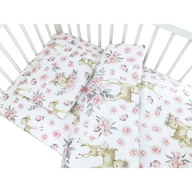 Lenjerie pătuț MimiNu Sweet Deer Pink, 3 piese, 120x60 cm cu pilotă