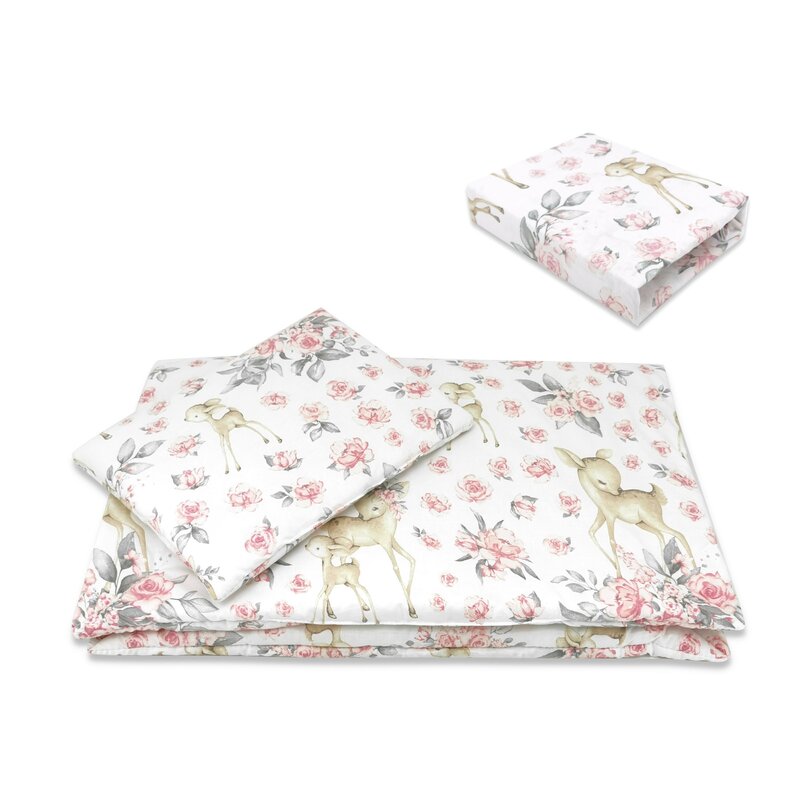 Lenjerie pătuț MimiNu Sweet Deer Pink, 3 piese, 120x60 cm cu pilotă