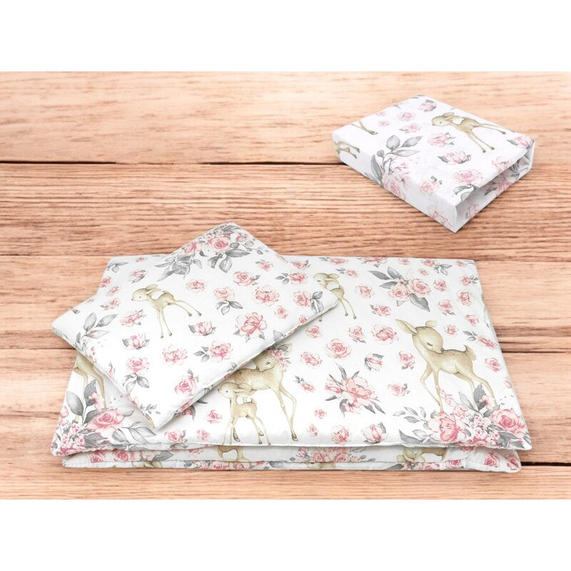 Lenjerie patut cu 3 piese, MimiNu, Cu cearceaf 120x60 cm, Pilota, Pernuta, Din bumbac certificat Oeko Tex Standard 100, Sweet Deer Pink