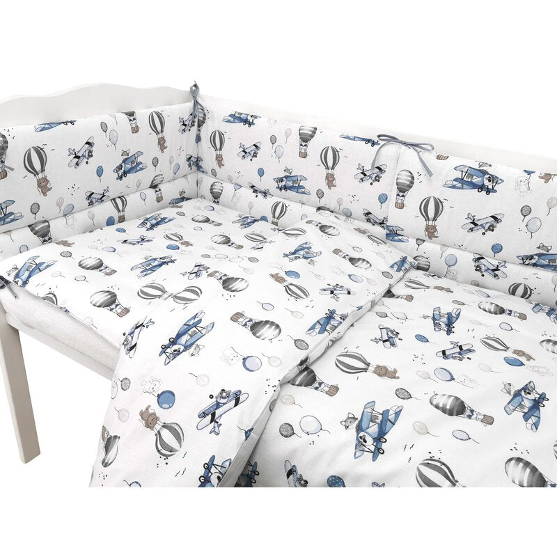 Lenjerie patut cu 3 piese, MimiNu, Pentru patut 120x60 cm, Cu protectie laterala, Din bumbac certificat Oeko Tex Standard 100, Blue Plane