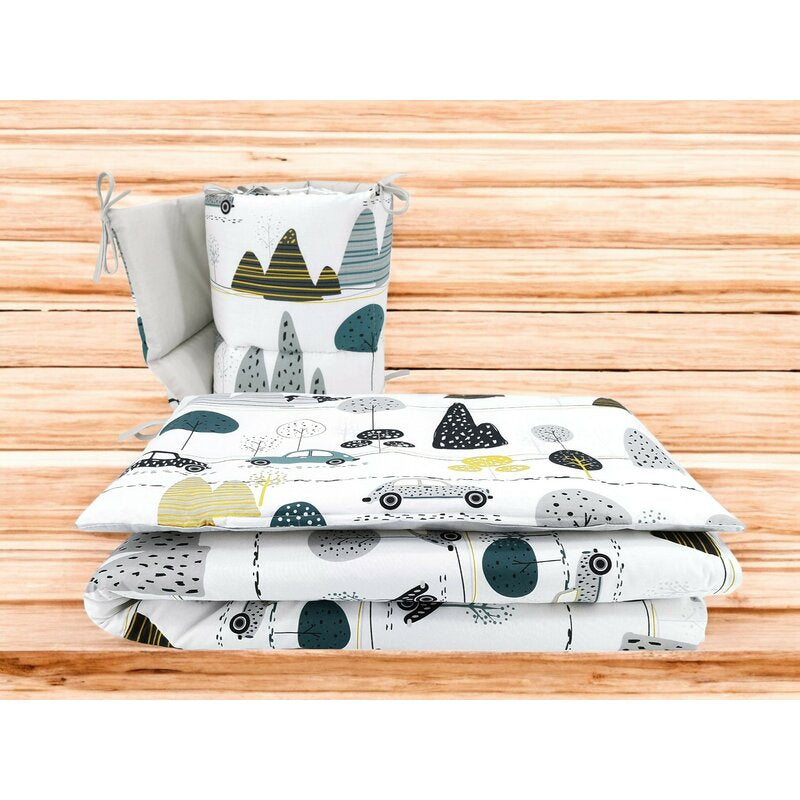 Lenjerie patut cu 3 piese, MimiNu, Pentru patut 120x60 cm, Cu protectie laterala, Din bumbac certificat Oeko Tex Standard 100, Childrens Journey Grey