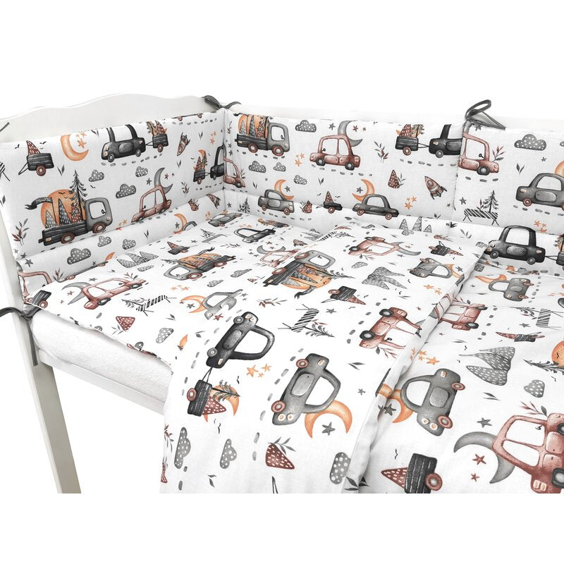 Lenjerie patut cu 3 piese, MimiNu, Pentru patut 120x60 cm, Cu protectie laterala, Din bumbac certificat Oeko Tex Standard 100, Design, Cars Grey