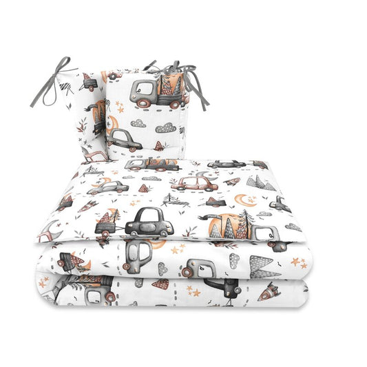 Lenjerie patut cu 3 piese, MimiNu, Pentru patut 120x60 cm, Cu protectie laterala, Din bumbac certificat Oeko Tex Standard 100, Design, Cars Grey