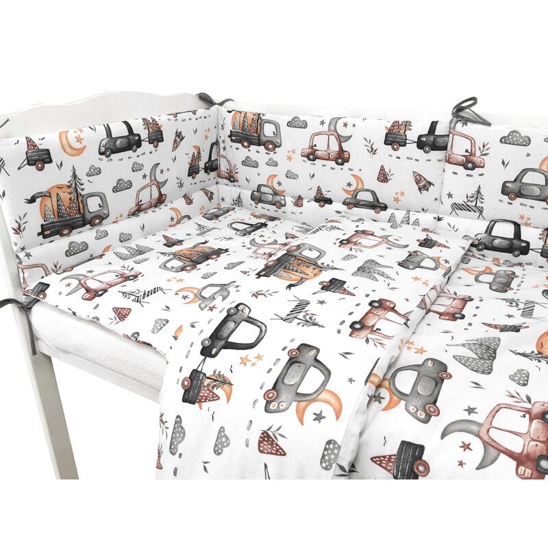 Lenjerie patut cu 3 piese, MimiNu, Pentru patut 120x60 cm, Cu protectie laterala, Din bumbac certificat Oeko Tex Standard 100, Design, Cars Grey