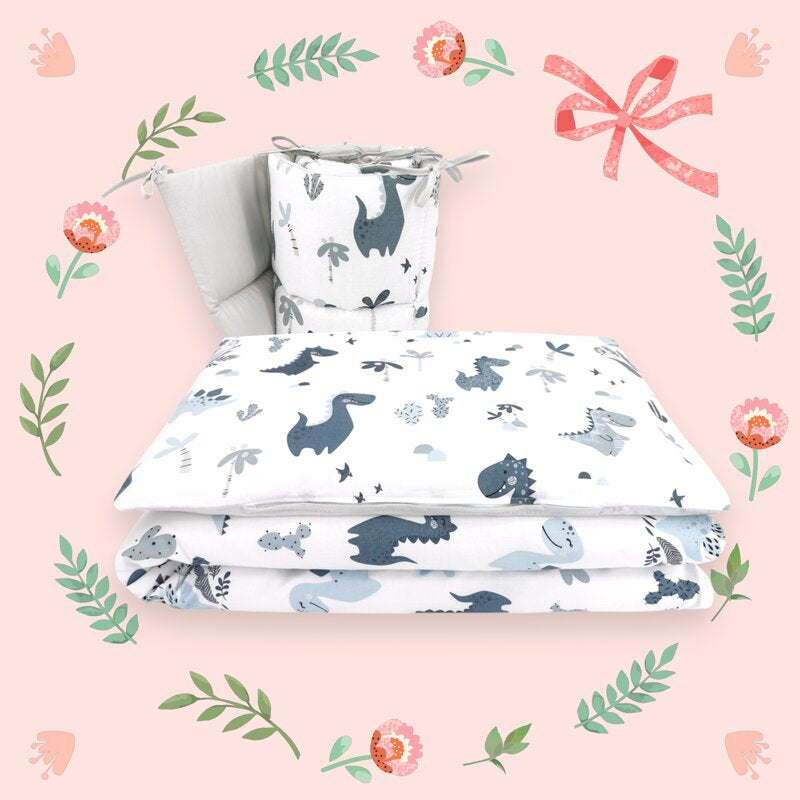 Lenjerie patut cu 3 piese, MimiNu, Pentru patut 120x60 cm, Cu protectie laterala, Din bumbac certificat Oeko Tex Standard 100, Dino Granat