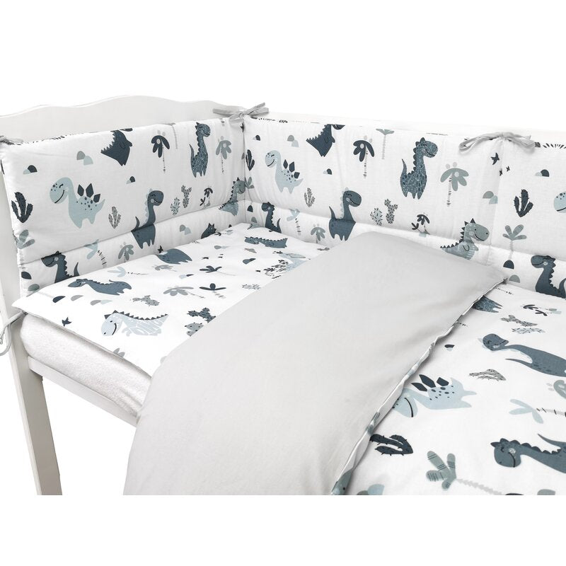 Lenjerie patut cu 3 piese, MimiNu, Pentru patut 120x60 cm, Cu protectie laterala, Din bumbac certificat Oeko Tex Standard 100, Dino Granat