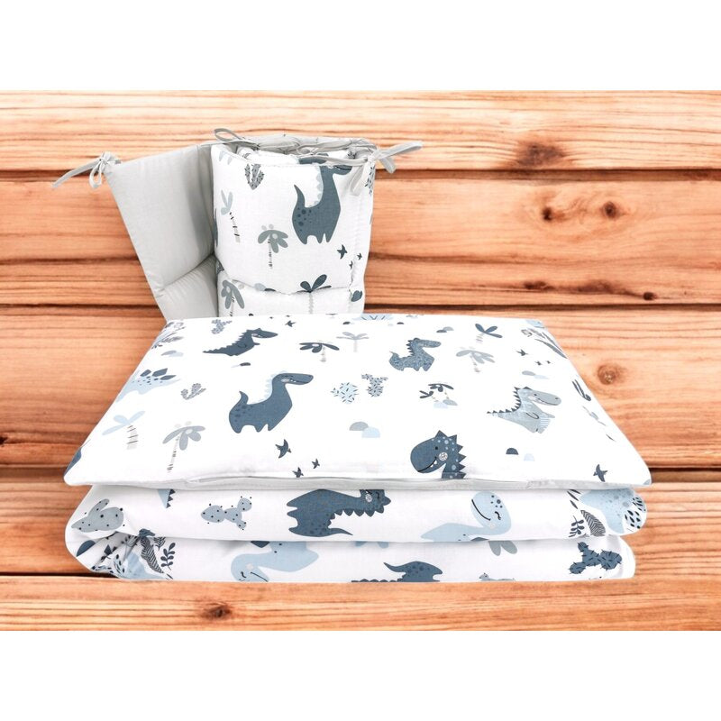 Lenjerie patut cu 3 piese, MimiNu, Pentru patut 120x60 cm, Cu protectie laterala, Din bumbac certificat Oeko Tex Standard 100, Dino Granat