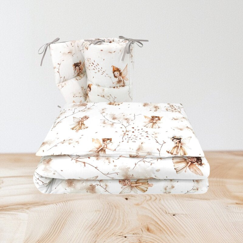 Lenjerie patut cu 3 piese, MimiNu, Pentru patut 120x60 cm, Cu protectie laterala, Din bumbac certificat Oeko Tex Standard 100, Fairy