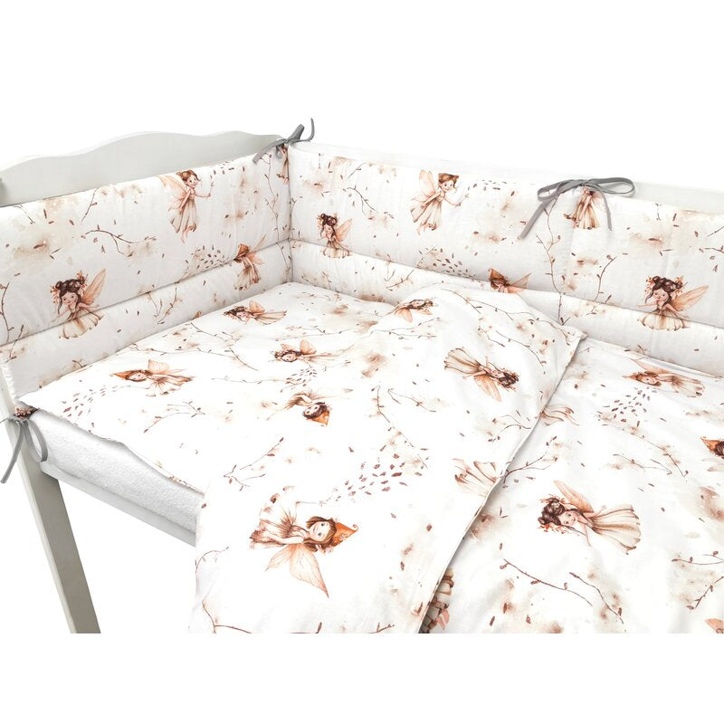 Lenjerie patut cu 3 piese, MimiNu, Pentru patut 120x60 cm, Cu protectie laterala, Din bumbac certificat Oeko Tex Standard 100, Fairy