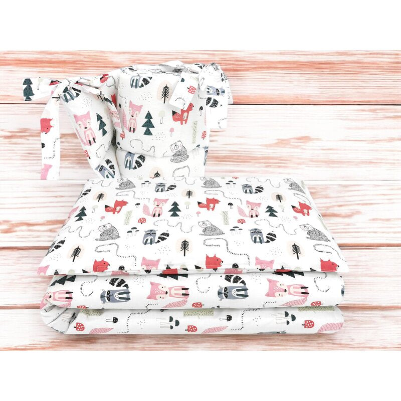 Lenjerie patut cu 3 piese, MimiNu, Pentru patut 120x60 cm, Cu protectie laterala, Din bumbac certificat Oeko Tex Standard 100, Fox