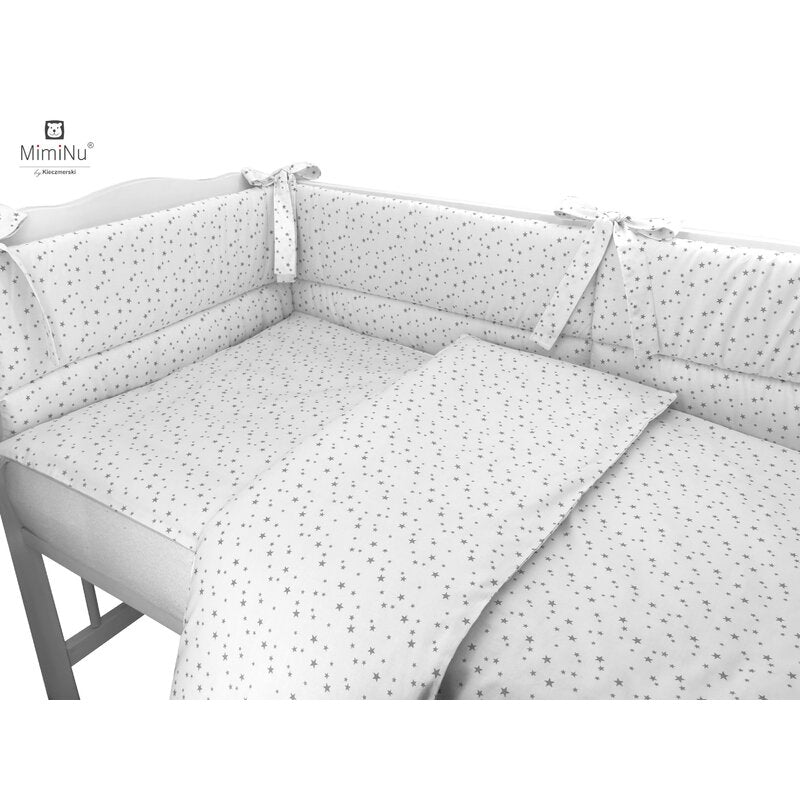 Lenjerie patut cu 3 piese, MimiNu, Pentru patut 120x60 cm, Cu protectie laterala, Din bumbac certificat Oeko Tex Standard 100, Mini Gray Stars