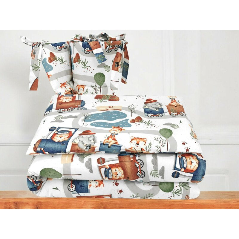 Lenjerie patut cu 3 piese, MimiNu, Pentru patut 120x60 cm, Cu protectie laterala, Din bumbac, Din bumbac certificat Oeko Tex Standard 100, Design, Zoo in train