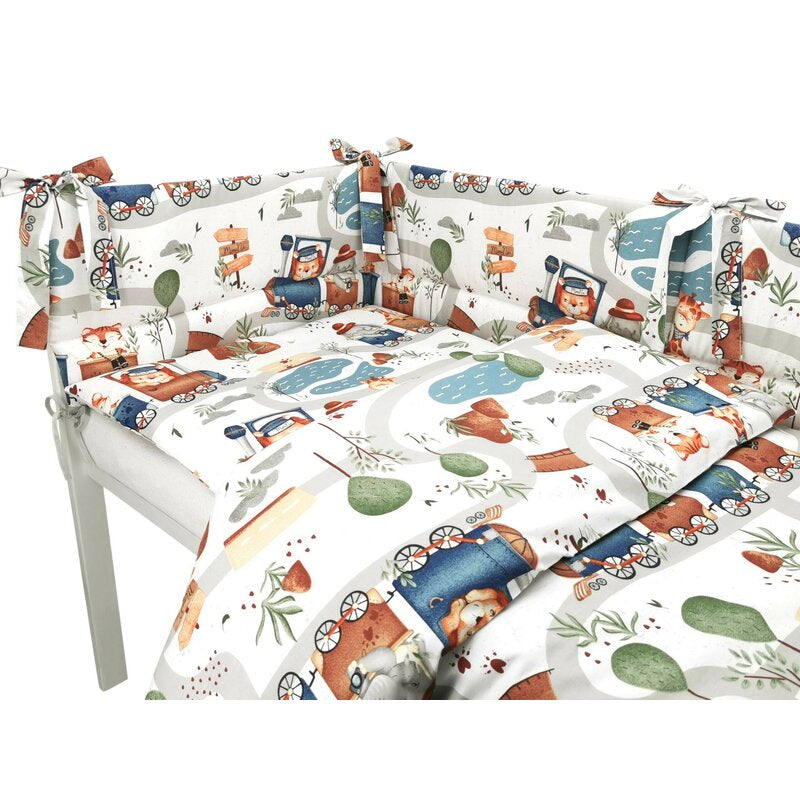 Lenjerie patut cu 3 piese, MimiNu, Pentru patut 120x60 cm, Cu protectie laterala, Din bumbac, Din bumbac certificat Oeko Tex Standard 100, Design, Zoo in train