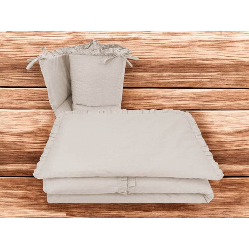 Lenjerie patut cu 3 piese, MimiNu, Pentru patut 120x60 cm, Cu volanase, Cu protectie laterala, Din bumbac certificat Oeko Tex Standard 100, Colectia Royal, Beige