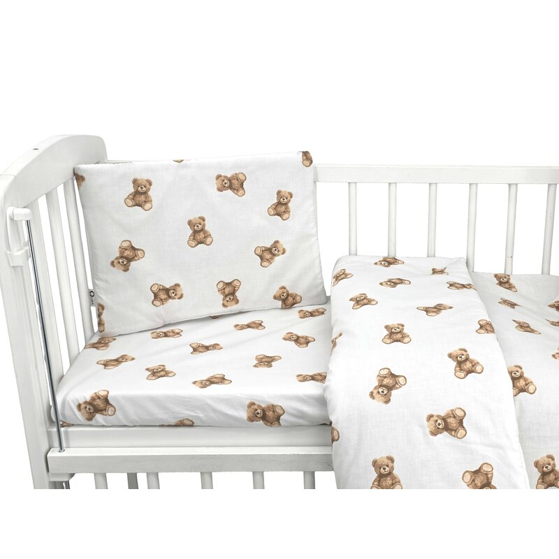 Lenjerie patut cu 3 piese, Qmini, Aurora, Pentru co-sleeper, Din bumbac certificat Oeko Tex Standard 100, Teddy Toys