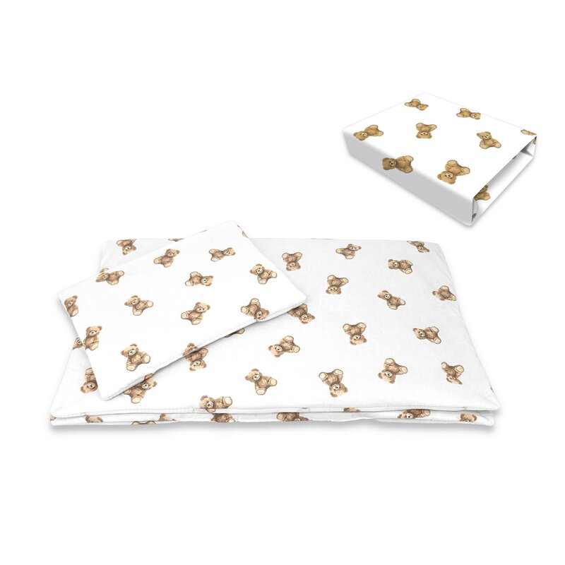 Lenjerie patut cu 3 piese, Qmini, Aurora, Pentru co-sleeper, Din bumbac certificat Oeko Tex Standard 100, Teddy Toys