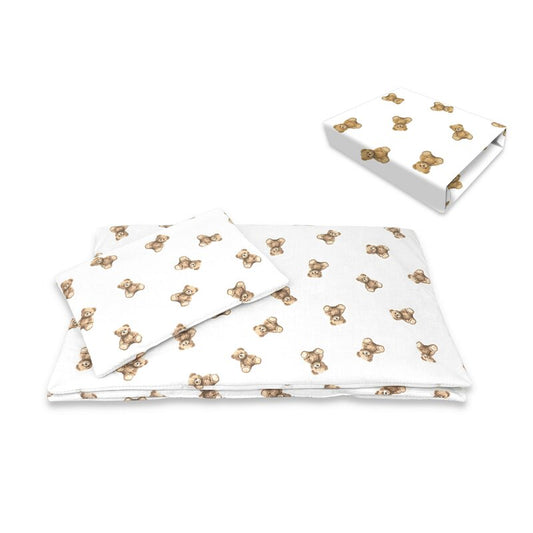 Set lenjerie pătuț Qmini Aurora 3 piese din bumbac Oeko-Tex, model Teddy Toys, pentru co-sleeper