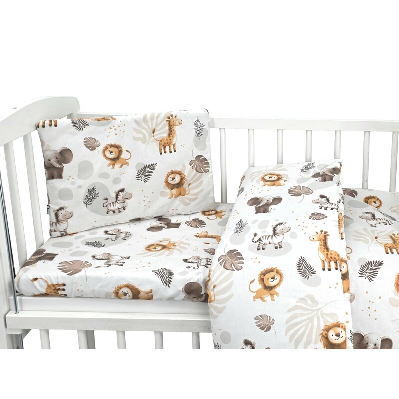 Lenjerie patut cu 3 piese, Qmini, Aurora, Pentru co-sleeper, Din bumbac certificat Oeko Tex Standard 100, Time for Safari