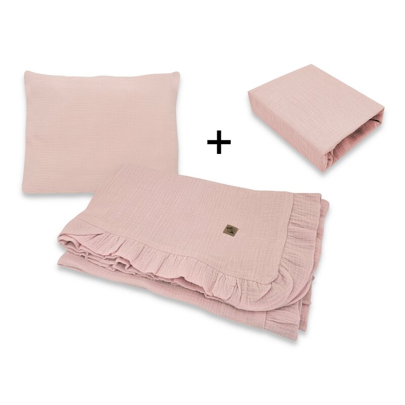 Lenjerie patut cu 3 piese, Qmini, Aurora, Pentru co-sleeper, Din muselina dubla, Material certificat Oeko Tex Standard 100, Powder Pink