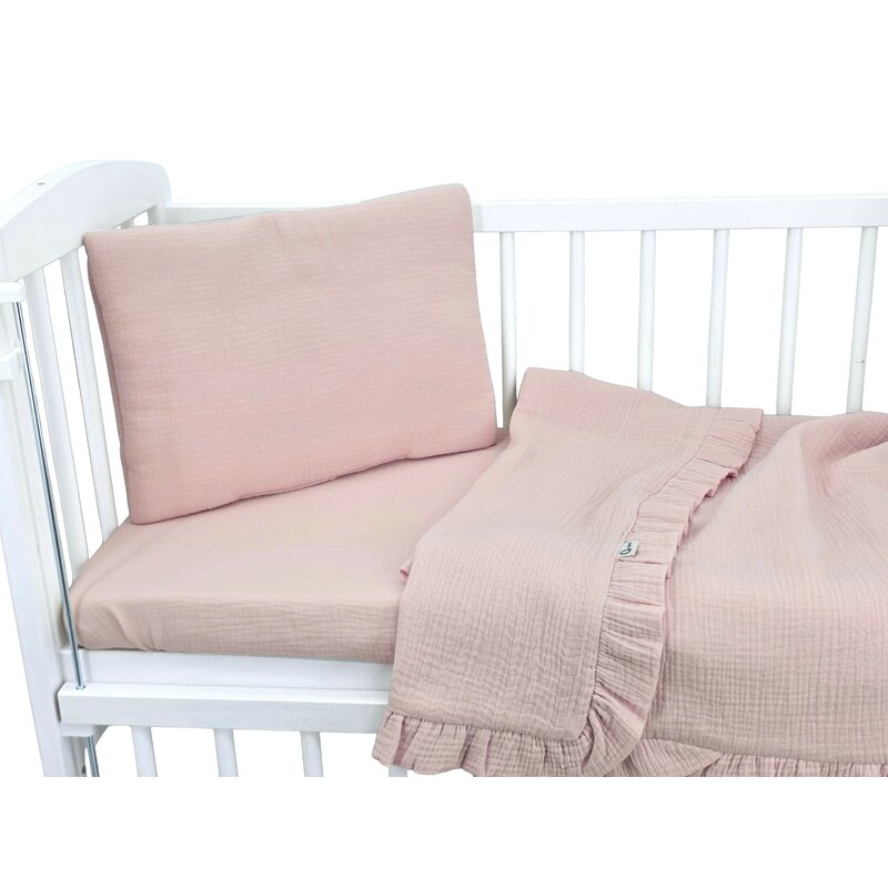 Lenjerie patut cu 3 piese, Qmini, Aurora, Pentru co-sleeper, Din muselina dubla, Material certificat Oeko Tex Standard 100, Powder Pink