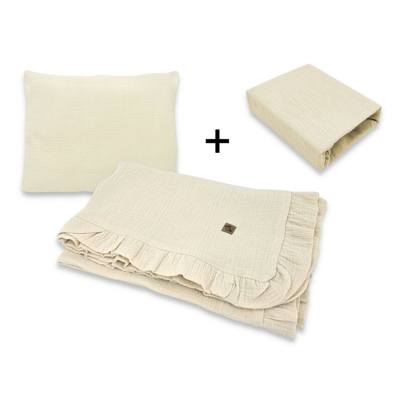 Lenjerie patut cu 3 piese, Qmini, Aurora, Pentru co-sleeper, Din muselina dubla, Material certificat Oeko Tex Standard 100, Warm Beige