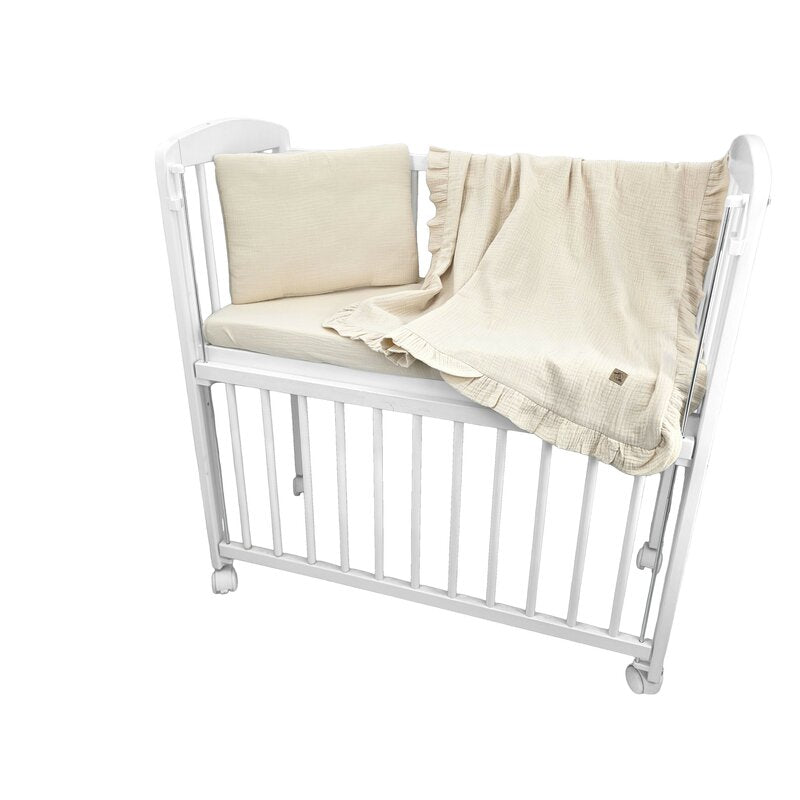 Lenjerie patut cu 3 piese, Qmini, Aurora, Pentru co-sleeper, Din muselina dubla, Material certificat Oeko Tex Standard 100, Warm Beige
