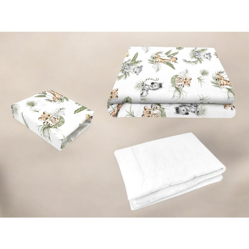 Lenjerie patut cu 3 piese, Qmini, Cu cearceaf 120x60 cm, Din bumbac certificat Oeko Tex Standard 100, Cu pilota si husa pilota, 135x100 cm, Safari