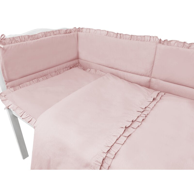 Lenjerie patut cu 4 piese, MimiNu, Pentru patut 120x60 cm, Cu doua protectii laterale, Cu volanase, Din bumbac certificat Oeko Tex Standard 100, Colectia Royal, Powder Pink