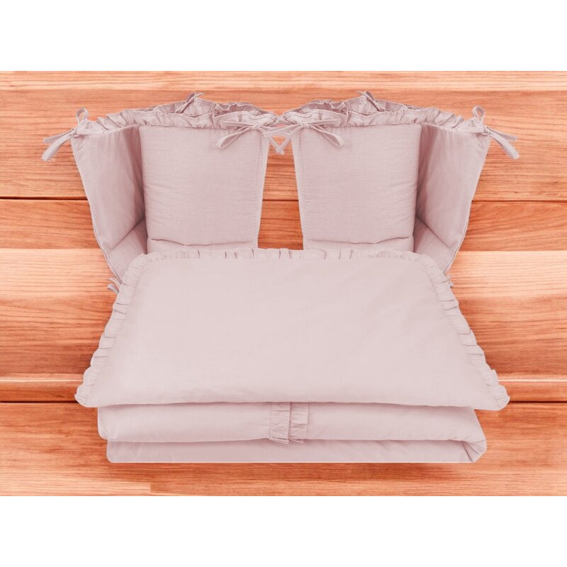 Lenjerie patut cu 4 piese, MimiNu, Pentru patut 120x60 cm, Cu doua protectii laterale, Cu volanase, Din bumbac certificat Oeko Tex Standard 100, Colectia Royal, Powder Pink