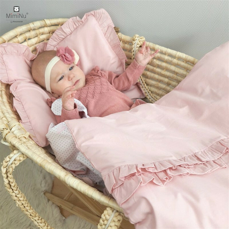 Lenjerie patut cu 4 piese, MimiNu, Pentru patut 120x60 cm, Cu doua protectii laterale, Cu volanase, Din bumbac certificat Oeko Tex Standard 100, Colectia Royal, Powder Pink