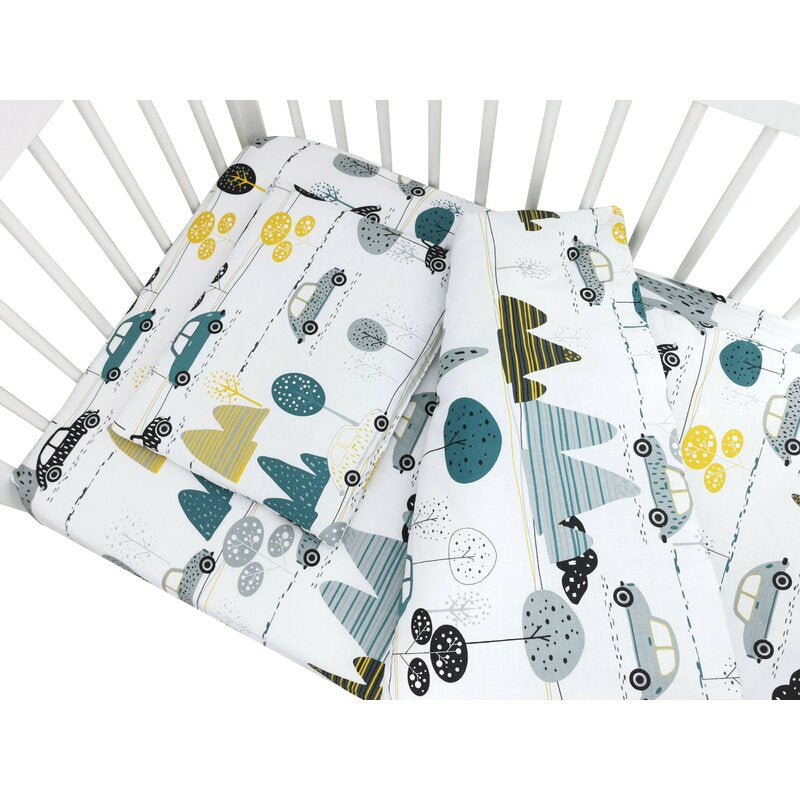 Lenjerie patut cu 5 piese, MimiNu, Cu cearceaf 120x60 cm, Pilota, Pernuta, 2 aparatori, Din bumbac certificat Oeko Tex Standard 100, Childrens Journey Grey