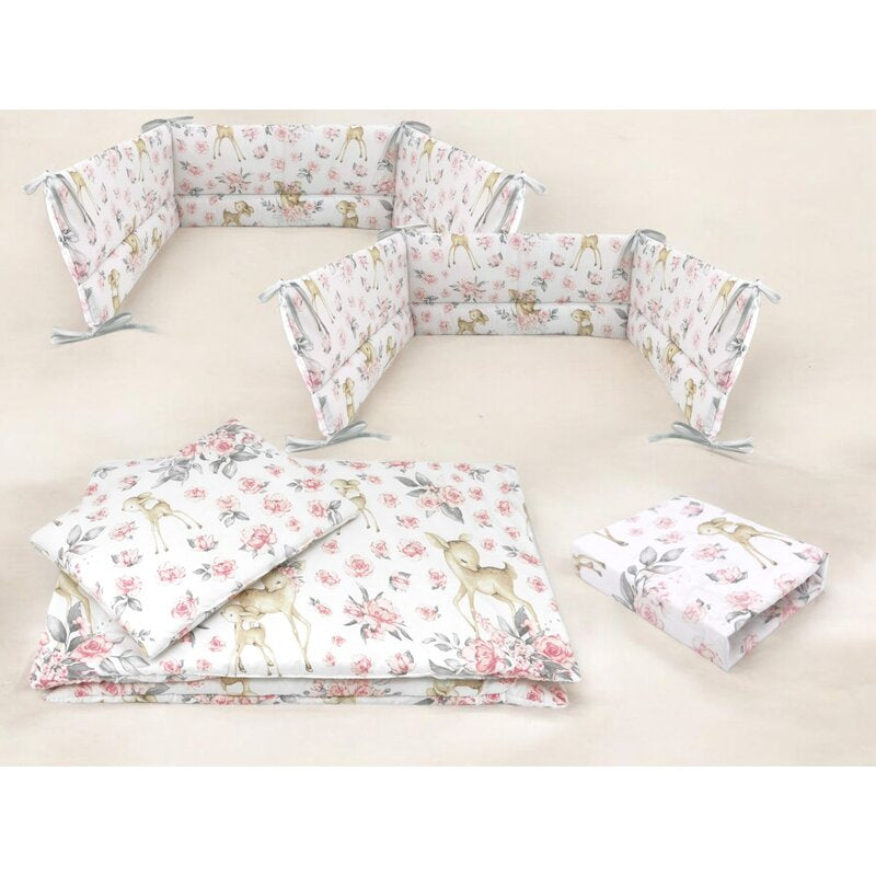 Lenjerie patut cu 5 piese, MimiNu, Cu cearceaf 120x60 cm, Pilota, Pernuta, 2 aparatori, Din bumbac certificat Oeko Tex Standard 100, Sweet Deer Pink