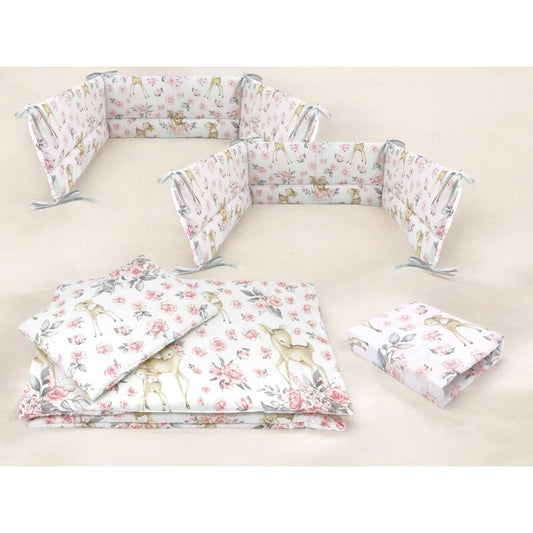 Lenjerie patut cu 5 piese, MimiNu, Cu cearceaf 120x60 cm, Pilota, Pernuta, 2 aparatori, Din bumbac certificat Oeko Tex Standard 100, Sweet Deer Pink