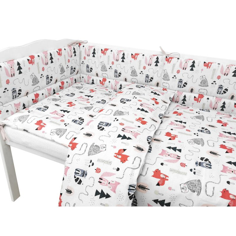 Lenjerie patut cu 5 piese, MimiNu, Pentru patut 120x60 cm, Cu pilota si perna, Din bumbac certificat Oeko Tex Standard 100, Fox