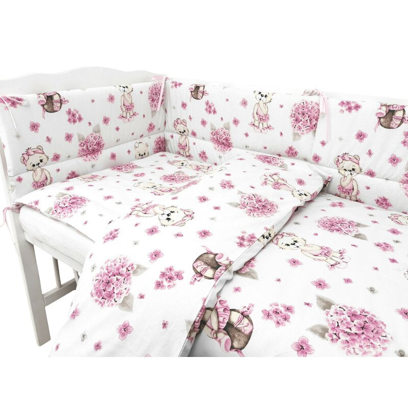 Lenjerie patut cu 5 piese, MimiNu, Pentru patut 120x60 cm, Cu pilota si perna, Din bumbac certificat Oeko Tex Standard 100, Design, Pink Ballerina