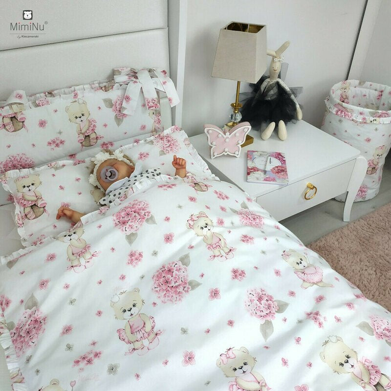 Lenjerie patut cu 5 piese, MimiNu, Pentru patut 120x60 cm, Cu pilota si perna, Din bumbac certificat Oeko Tex Standard 100, Design, Pink Ballerina