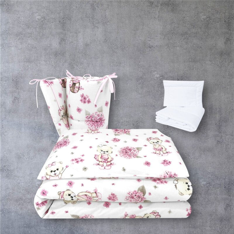 Lenjerie patut cu 5 piese, MimiNu, Pentru patut 120x60 cm, Cu pilota si perna, Din bumbac certificat Oeko Tex Standard 100, Design, Pink Ballerina