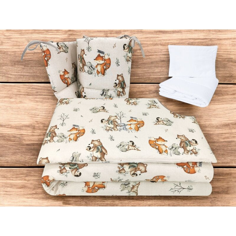 Lenjerie patut cu 5 piese, MimiNu, Pentru patut 120x60 cm, Cu pilota si perna, Din bumbac certificat Oeko Tex Standard 100, Design, Time for fun