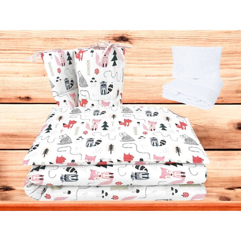 Lenjerie patut cu 5 piese, MimiNu, Pentru patut 120x60 cm, Cu pilota si perna, Din bumbac certificat Oeko Tex Standard 100, Fox