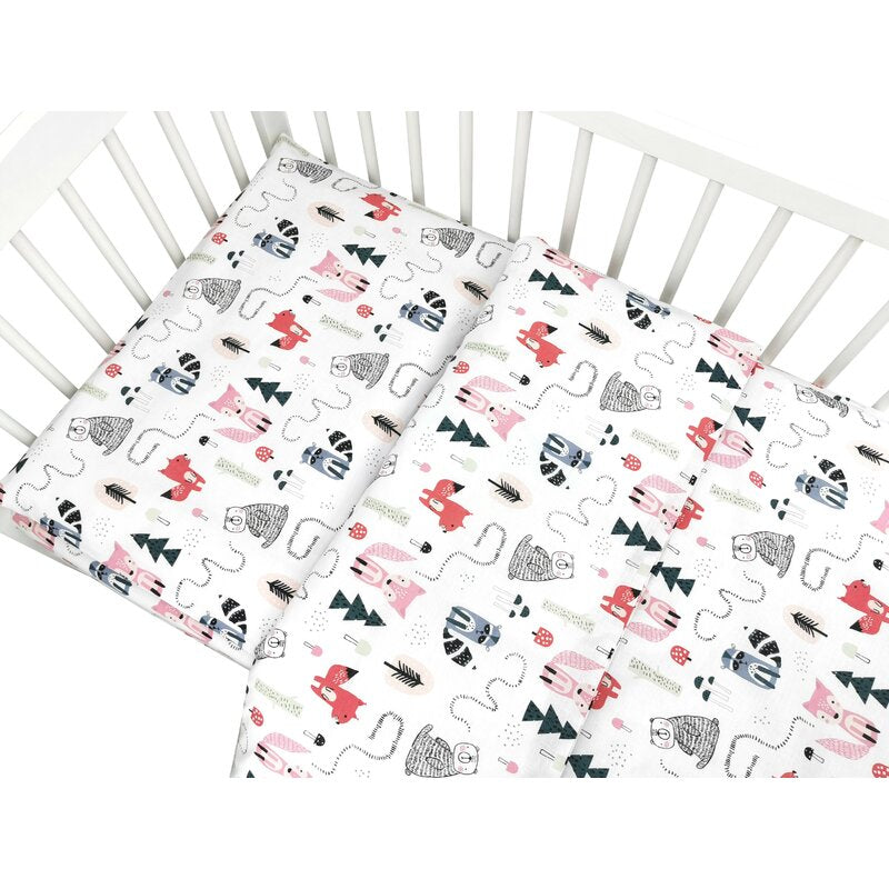 Lenjerie patut cu 5 piese, MimiNu, Pentru patut 120x60 cm, Cu pilota si perna, Din bumbac certificat Oeko Tex Standard 100, Fox