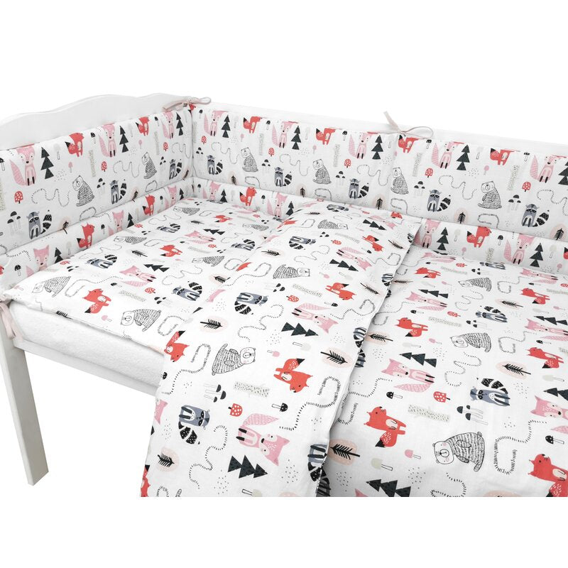 Lenjerie patut cu 5 piese, MimiNu, Pentru patut 120x60 cm, Cu pilota si perna, Din bumbac certificat Oeko Tex Standard 100, Fox