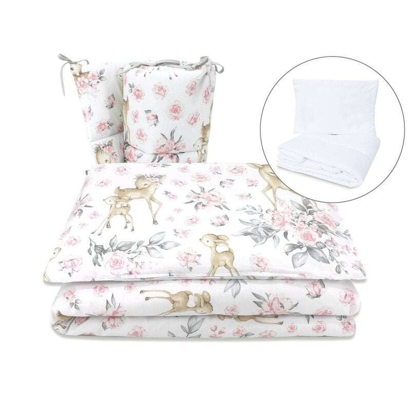 Lenjerie patut cu 5 piese, MimiNu, Pentru patut 120x60 cm, Cu pilota si perna, Din bumbac certificat Oeko Tex Standard 100, Sweet Deer Pink