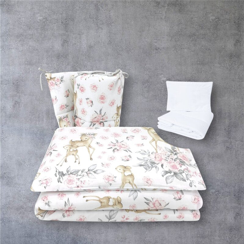 Lenjerie patut cu 5 piese, MimiNu, Pentru patut 120x60 cm, Cu pilota si perna, Din bumbac certificat Oeko Tex Standard 100, Sweet Deer Pink