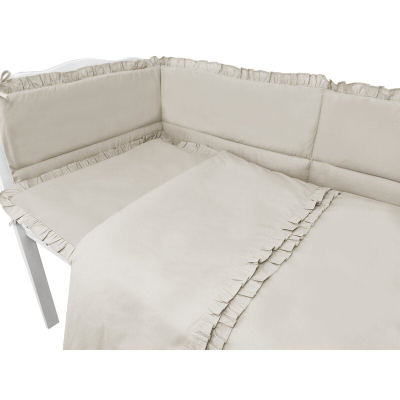 Lenjerie patut cu 5 piese, MimiNu, Pentru patut 120x60 cm, Cu volanase, Cu pilota si perna, Din bumbac certificat Oeko Tex Standard 100, Colectia Royal, Beige