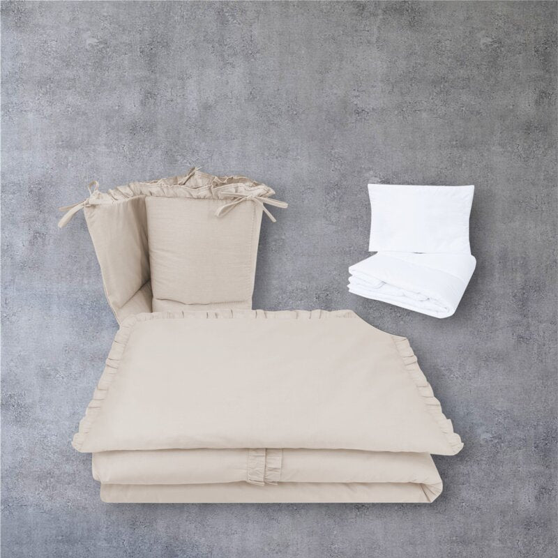 Lenjerie patut cu 5 piese, MimiNu, Pentru patut 120x60 cm, Cu volanase, Cu pilota si perna, Din bumbac certificat Oeko Tex Standard 100, Colectia Royal, Beige