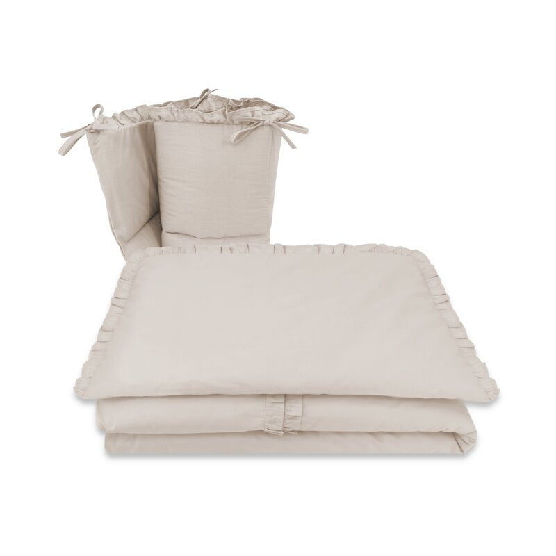 Lenjerie patut cu 5 piese, MimiNu, Pentru patut 120x60 cm, Cu volanase, Cu pilota si perna, Din bumbac certificat Oeko Tex Standard 100, Colectia Royal, Beige