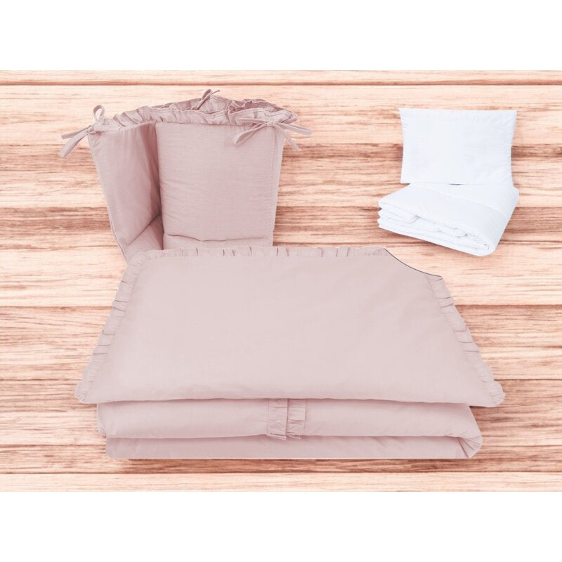 Lenjerie patut cu 5 piese, MimiNu, Pentru patut 120x60 cm, Cu volanase, Cu pilota si perna, Din bumbac certificat Oeko Tex Standard 100, Colectia Royal, Powder Pink