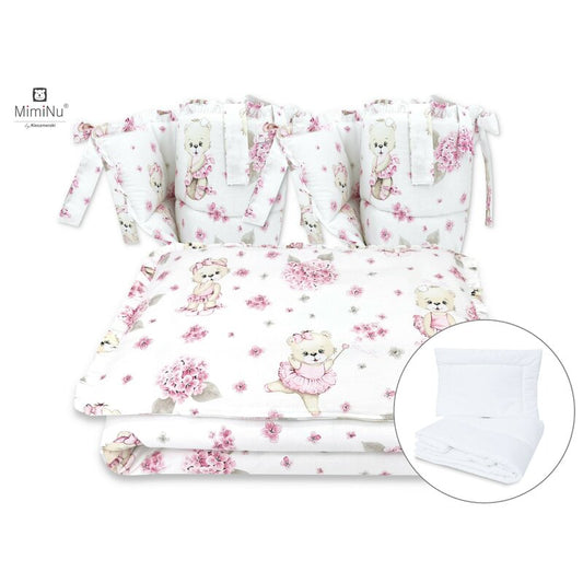 Lenjerie patut cu 6 piese, MimiNu, Pentru patut 120x60 cm, Cu pilota si perna, Cu doua aparatori laterale, Din bumbac certificat Oeko Tex Standard 100, Design, Pink Ballerina