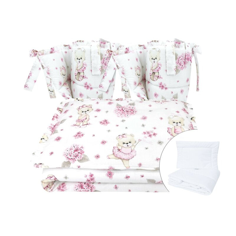 Lenjerie patut cu 6 piese, MimiNu, Pentru patut 120x60 cm, Cu pilota si perna, Cu doua aparatori laterale, Din bumbac certificat Oeko Tex Standard 100, Design, Pink Ballerina